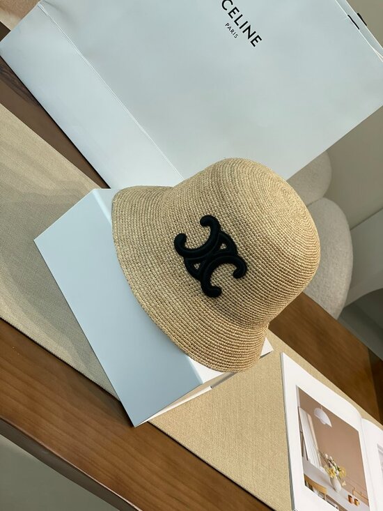 CELINE Triomphe Raffia Bucket Hat Natural Woven Straw Summer Sun Hat
